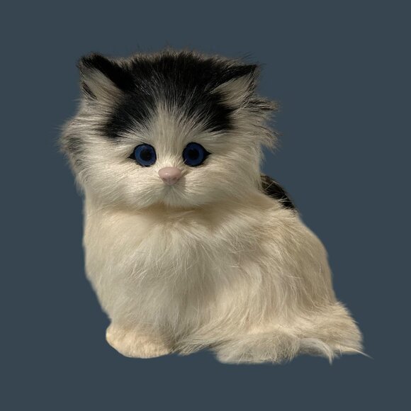 Vintage Black And White Fur Cat Figurine With Blue Eyes - Picture 1 of 6